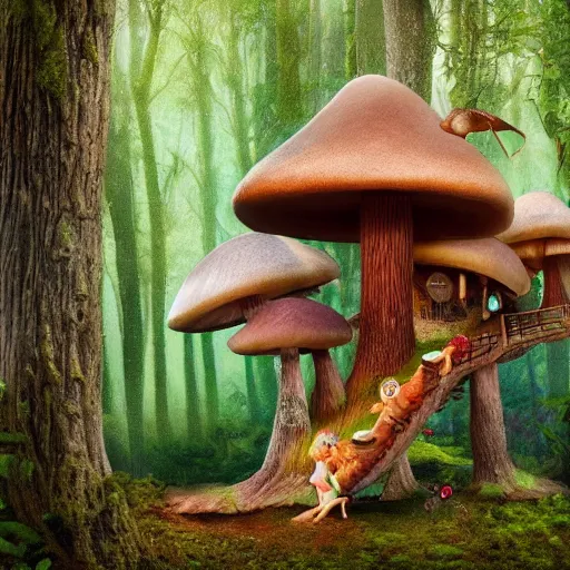 Image similar to Mushroom treehouse, fairy, magical, mystical, realistic, 4k