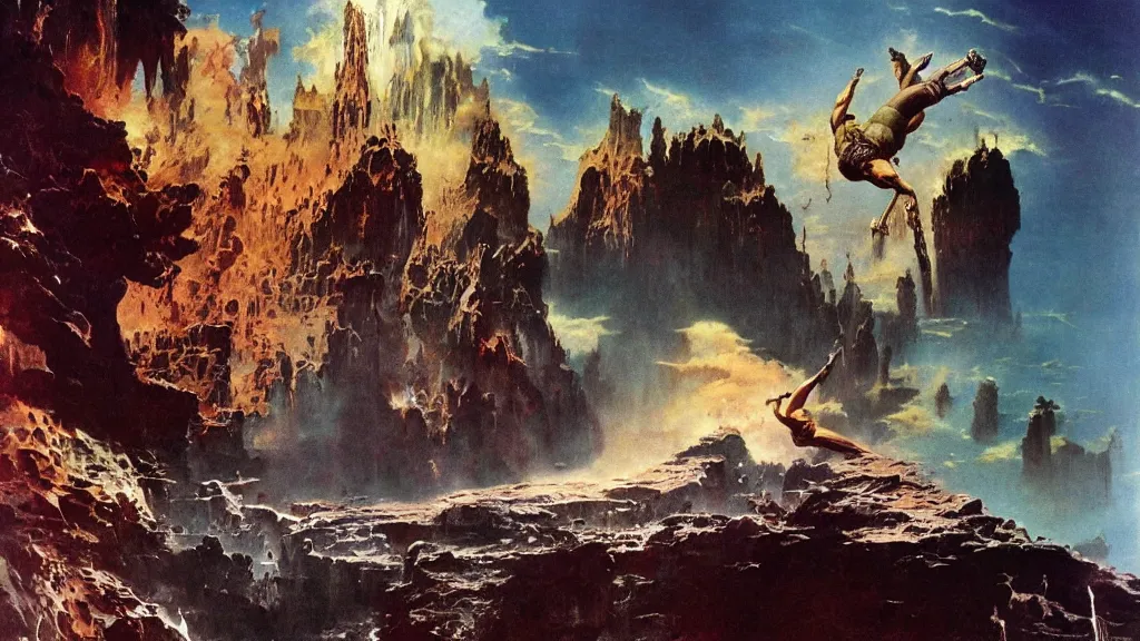 Image similar to falling into a deep hole by frank frazetta and bruce pennington, cinematic matte painting