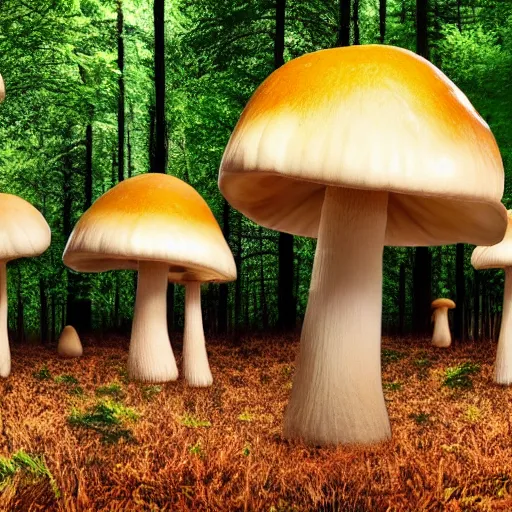 Prompt: different weird animals are walking in a forest of giant mushrooms, detailed professional photo