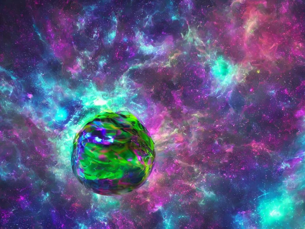 Image similar to mystical colorful cyberpunk planet, abstract nebula green crystal sculpture floating above it, powerful, 4k, photograph, vaporwave