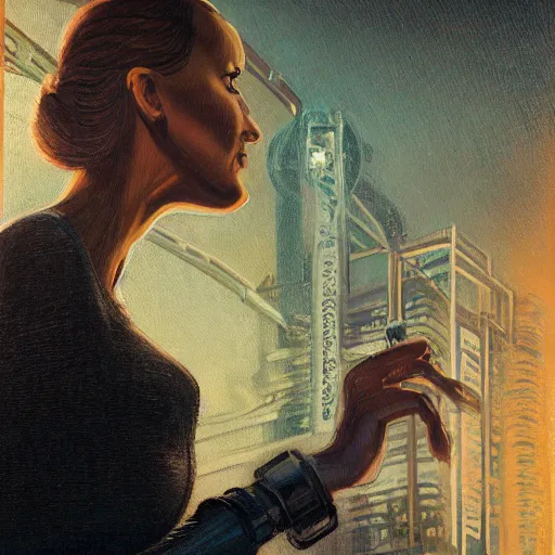 Image similar to detailed face of a woman, clockwork, moment, tectonic sky, skydome, bullet train, turbines, utopian, tech noir, wet reflections, prism, atmospheric, ambient, pj crook, syd mead, livia prima, nick alm, casey baugh