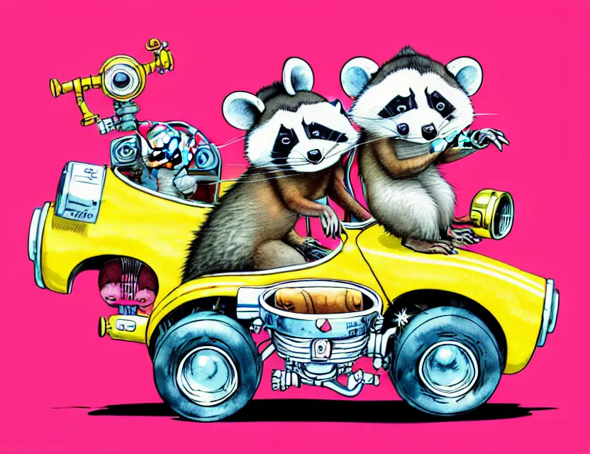 Prompt: cute and funny, { racoon wearing a red helmet } riding in a tiny hot rod with oversized engine, ratfink style by ed roth, centered award winning watercolor pen illustration, isometric illustration by chihiro iwasaki, edited by range murata, tiny details by artgerm and watercolor girl, symmetrically isometrically centered