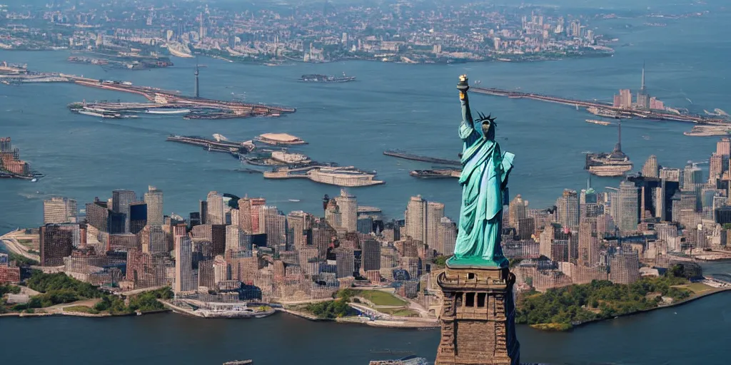 Prompt: a giant dragon on top of the statue of liberty, aerial view, thunderstorms, red lightning, 8k UHD