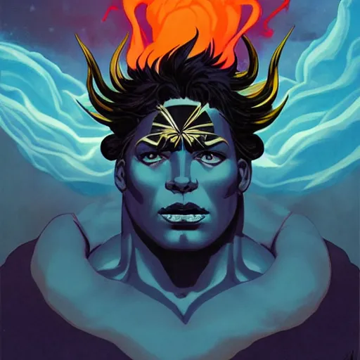 Prompt: Joshua Middleton comic art, A large black bison deity with bright fiery eyes, Dark Bison God, thick black smoke, nebulous, stormy skies, midnight, indigo, Ancient Mesoamerican god, American Gods