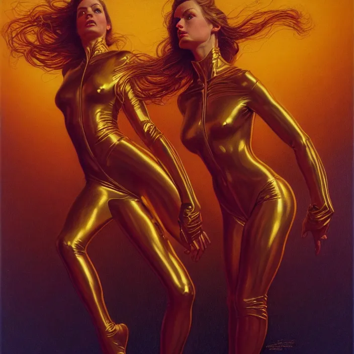 Prompt: graceful beautiful women in tight suit, golden shapes, golden textures, tim hildebrandt, wayne barlowe, bruce pennington, donato giancola, larry elmore, oil on canvas, masterpiece, trending on artstation, featured on pixiv, cinematic composition, dramatic pose, beautiful lighting, sharp, details, hyper - detailed, hd, hdr, 4 k, 8 k