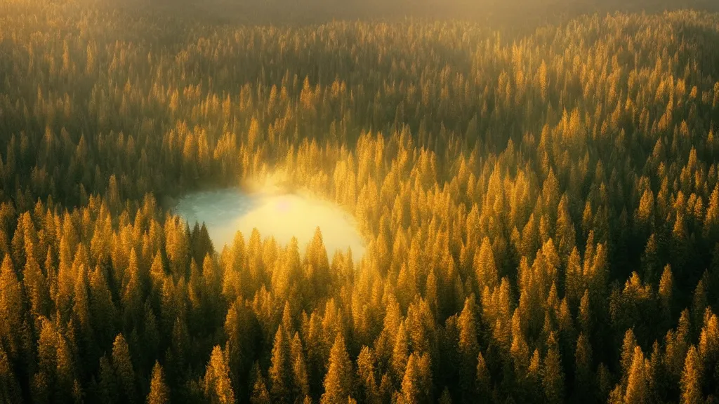 Image similar to beautiful view of a forest from a mountain, river, mountain in the background, misty, golden hour, trending on Artstation, octane render, unreal engine, visually stunning, award winning