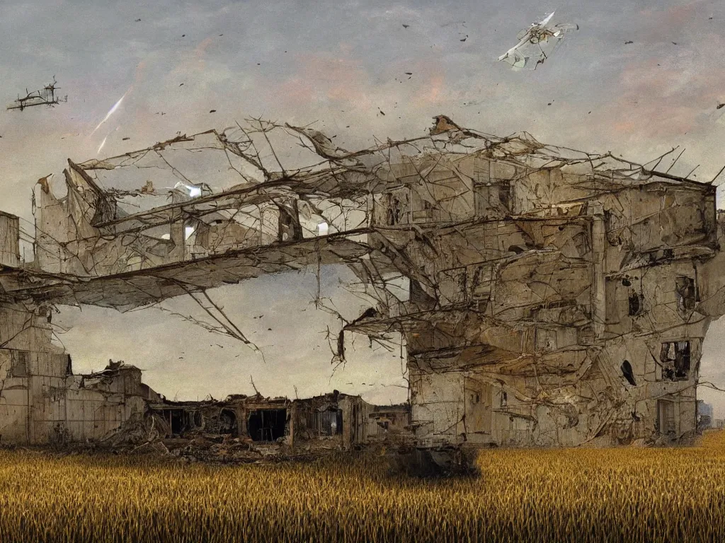 Image similar to A fantastic painting of a dilapidated post-modern building on a wheat field with an abandoned spaceship parked on the roof of the building, by Mat Collishaw, Trending on artstation, very detailed