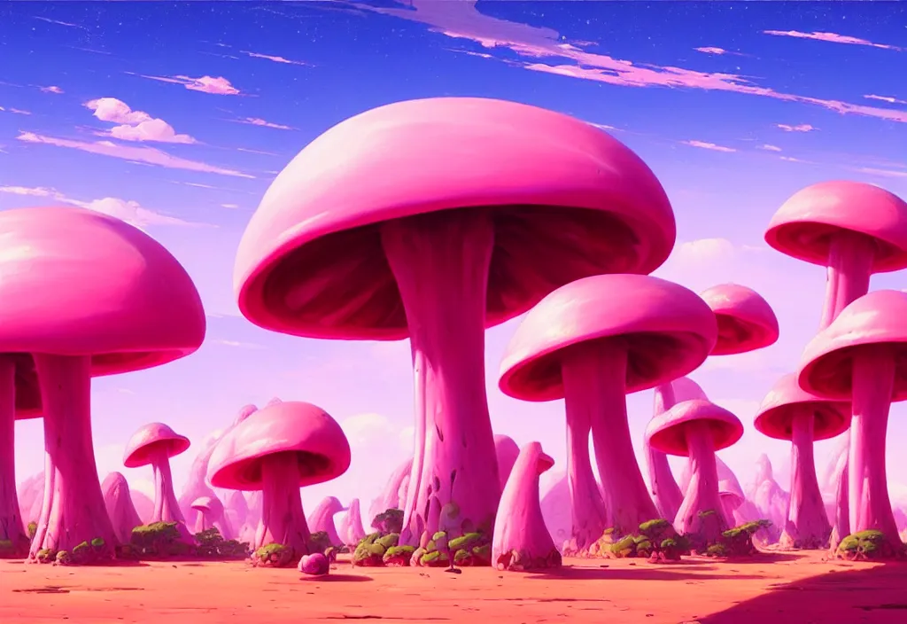 Prompt: futuristic giant pink mushrooms in a desert, intricate oil painting, high detail illustration, sharp high detail, manga and anime 1 9 9 9, official fanart behance hd artstation by jesper ejsing and makoto shinkai, 4 k,