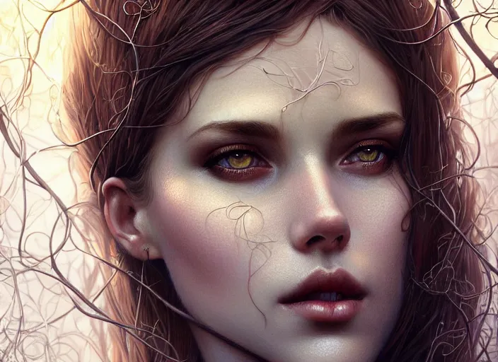 Image similar to highly detailed beautiful woman wrapped up in vines, illustration, realistic eyes, artstation, cinematic lighting, hyperdetailed, detailed realistic symmetrical eyes, cgsociety, 8k, high resolution, Charlie Bowater, Tom Bagshaw, Norman Rockwell, insanely detailed and intricate, clean white background