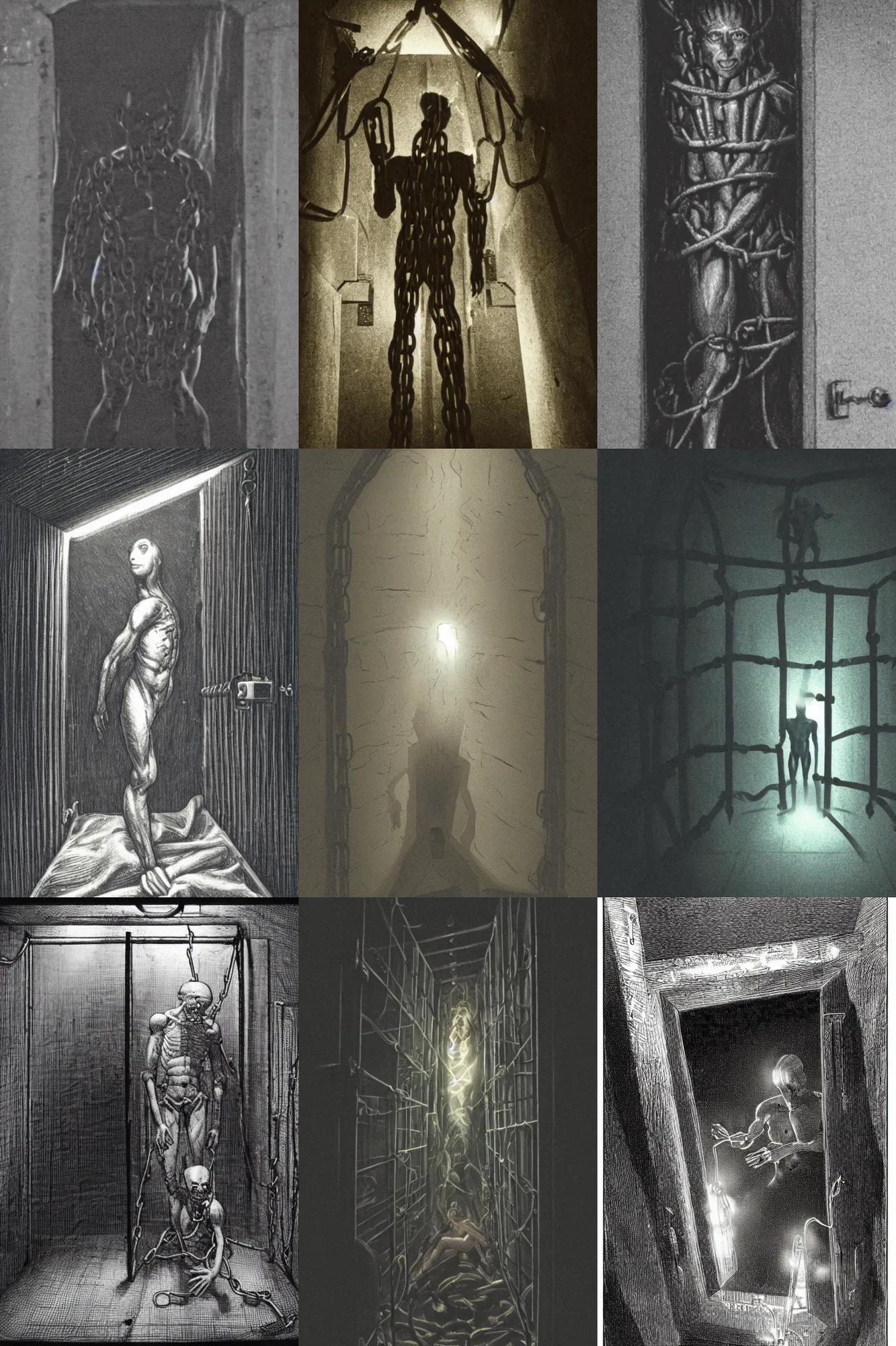 Prompt: a humanoid creature in shackles, in a dark cell lit by a single beam of light coming through a small window