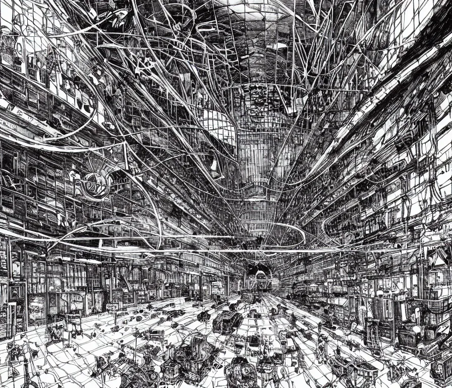 Image similar to empty very dark cargo hall and large corridor of huge huge space ship containing cages with cosmic animals ultra detailed ink drawing by james jean