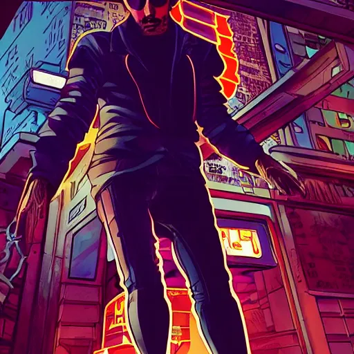 Image similar to a cyberpunk italian man with slicked back hair, in a cyberpunk setting, comic book art, cyberpunk, art by stan lee, pen drawing, inked, colorful, bright high tech lights, dark, moody, dramatic, deep shadows, marvel comics, dc comics