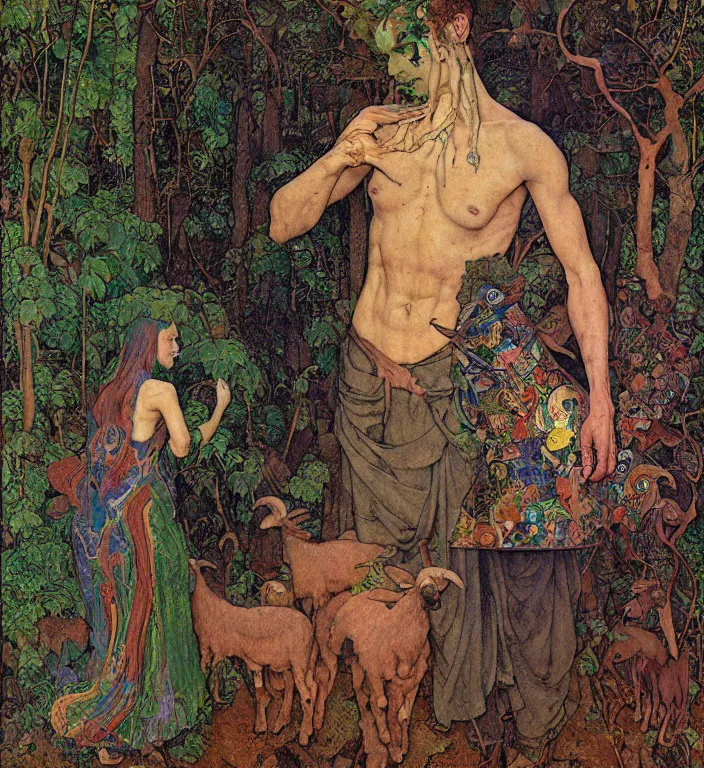 Prompt: pixelated corrupted professional pre-raphaelite defined colours 4k uncropped photo of a person in the forest with a goat and a robot by Ivan Bilibin, Austin Osman Spare, Norman Rockwell, high quality, ultra detailed. Beksinski painting, part by Adrian Ghenie and Gerhard Richter. art by Takato Yamamoto. masterpiece, oil on canvas painting, pixelart, vivid acid neon colours.