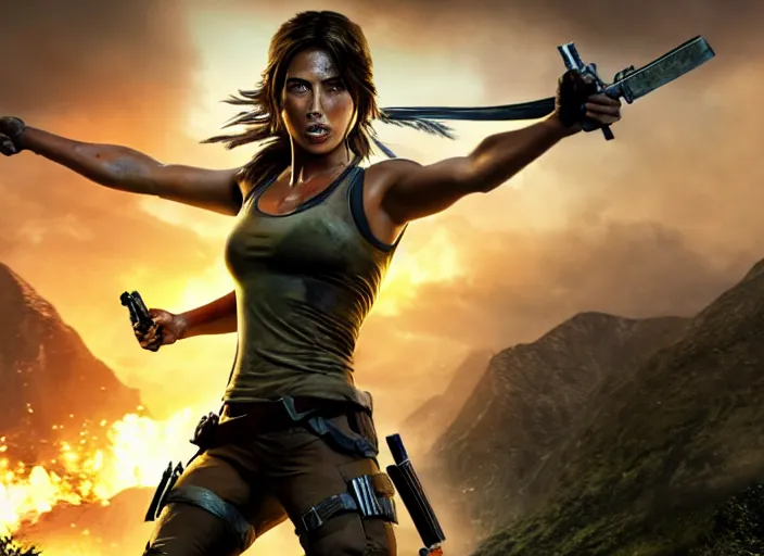 Image similar to film still of!!!! chloe bennett!!! as lara croft in new tomb raider movie, 8 k