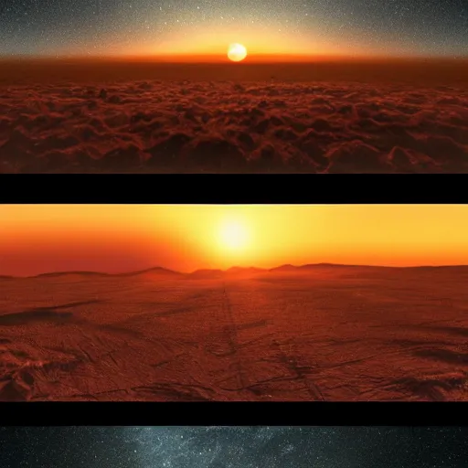 Image similar to the sun was going to hit the horizon, 8 k resolution digital wallpaper trending on artstation interstellar and brutal at sunset, fullscreen my head got replaced with saturn, my mom is going to be so mad,