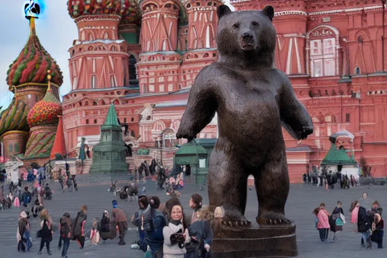 Image similar to a gigantic statue of bear holding a bottle of vodka in the middle of the red square, excited russians, symmetry, awesome exposition, very detailed, highly accurate, 8 k