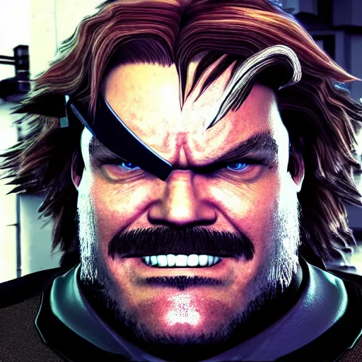 Image similar to Jack Black as a Metal Gear Solid Villain 2005 JRPG cinema 4d render, Ray tracing reflection, natural lighting, Unreal Engine award winning photography