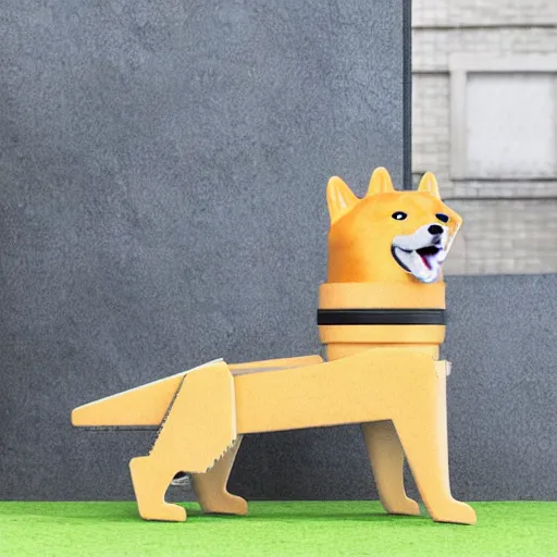 Image similar to doge the shiba - inu as a futuristic robot made of metal and carbon - fiber, in a sunny suburban living - room.