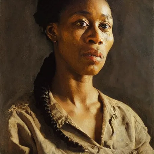 Prompt: A stunning masterful portrait of a confident Yoruba woman with braided hair and a scar on her cheek by Andrew Wyeth, John Singer Sargent, and Norman Rockwell, natural light, oil painting, ethereal, earth tones, strong brushwork