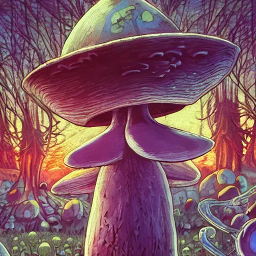 Image similar to 4 k headshot portrait of a psychedelic demonic anthropomorphic bunny rabbit with mushroom themed clothes, magic mushroom village in background. award winning. superb resolution. in the art style of junji ito and greg rutkowski. detailed mushroom city in background. hyper realistic anime. perfect art. dalle 2