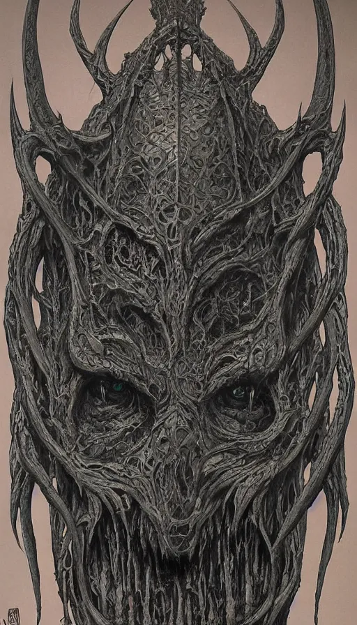 Prompt: Lord of the Rings and Doom themed painting of horrifying malicious symmetrical face of Melkor Bauglir Morgoth open mask pattern concept, infinity glyph, intricate artwork by, Johnatan Wayshak, Zdizslaw Beksinski, Ayami Kojima, Amano, Karol Bak, Greg Hildebrandt, and Mark Brooks, Neo-Gothic, gothic, rich deep colors, art by Takato Yamamoto, masterpiece, face by Artgerm, H.R. Giger, very coherent artwork, cinematic, hyper realism, high detail, octane render, unreal engine, 8k, High contrast, golden ratio, trending on cgsociety, ultra high quality model, production quality cinema model