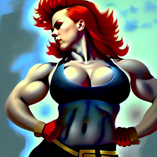 Prompt: greg manchess portrait of scarlett johansson as thick very muscular gothic weightlifter zarya from overwatch with short red hair and black lipstick, fantasy medium shot, asymmetrical, profile picture, organic painting, sunny day, matte painting, bold shapes, hard edges, street art, trending on artstation, by huang guangjian and gil elvgren and sachin teng