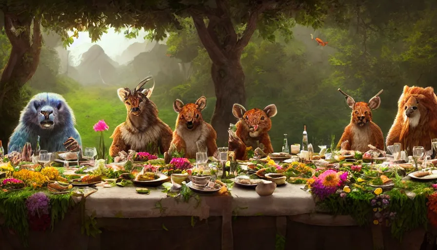 Prompt: a table dinner of wild animals where animals are dressed like the characters from the midsommar movie wearing flowers, realistic detailed digital art by maxwell boas jessica rossier christian dimitrov anton fadeev trending on artstation cgsociety rendered in unreal engine 4 k hq