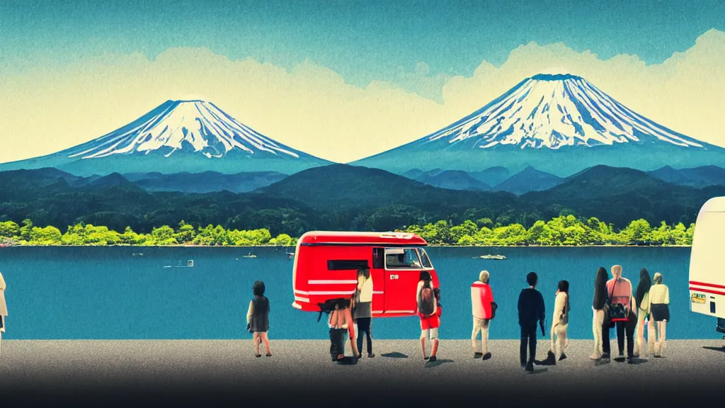 Image similar to a scene of camper travellers touring at yamanaka lake overlooking mount fuji, japan, a collage painting, in the style of wes anderson, lola dupre, david hockney, isolated on negative white space background dark monochrome neon spraypaint accents volumetric octane render