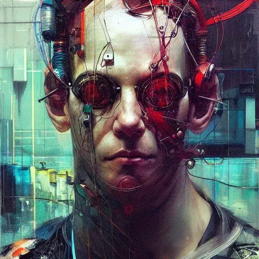 Prompt: male cyberpunk hacker dream thief, wires cybernetic implants, in the style of adrian ghenie, esao andrews, jenny saville,, surrealism, dark art by james jean, takato yamamoto