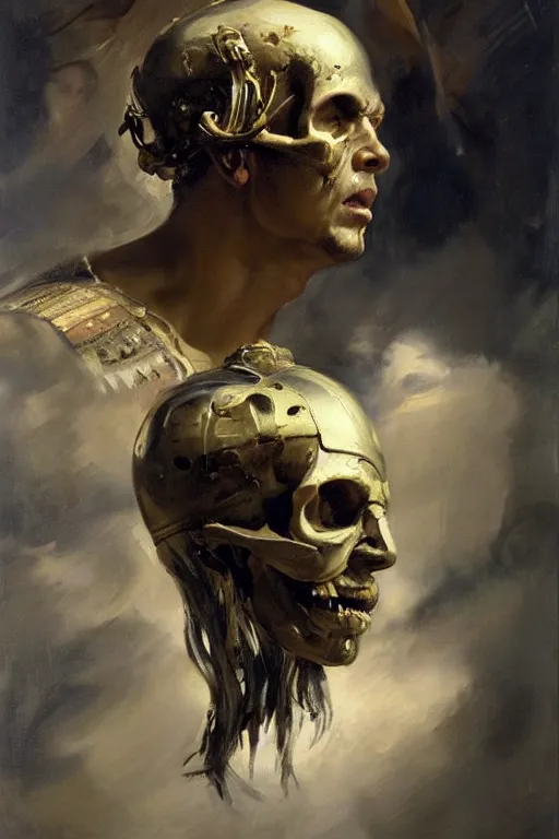 Prompt: beautiful expressive oil painting portrait of ancient roman god emperor cyborg with a skull mask ascending wearing the civic crown, art by anders zorn, wonderful masterpiece by greg rutkowski, beautiful cinematic light, american romanticism by greg manchess, jessica rossier