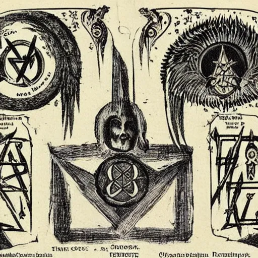 Image similar to found pages from a satanic occult textbook written in the 1 9 2 0 ’ s. pictures, diagrams