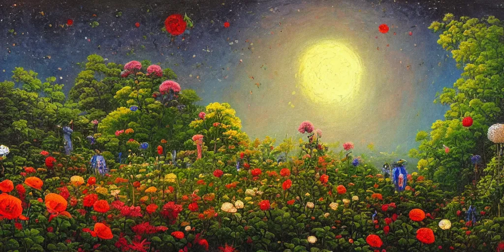 Image similar to a flowering garden on the moon, 👽🤖, impasto paint in the style of martin johnson heade,
