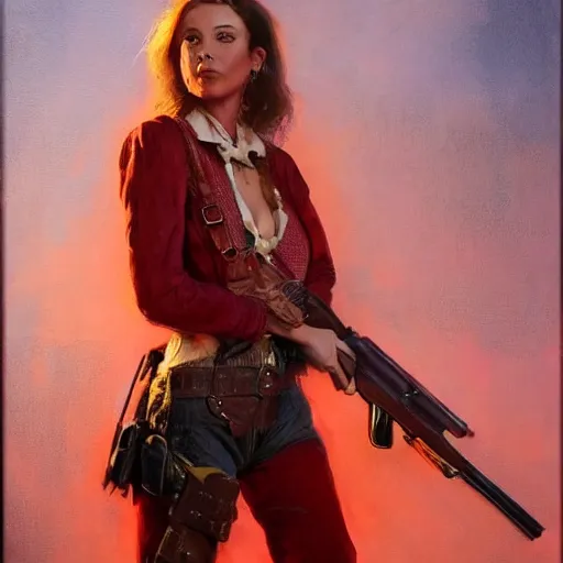 Image similar to a woman in a red wild west dress holding a shotgun, realistic painting by drew struzan, anatomically correct, beautiful, soft lighting, artstation