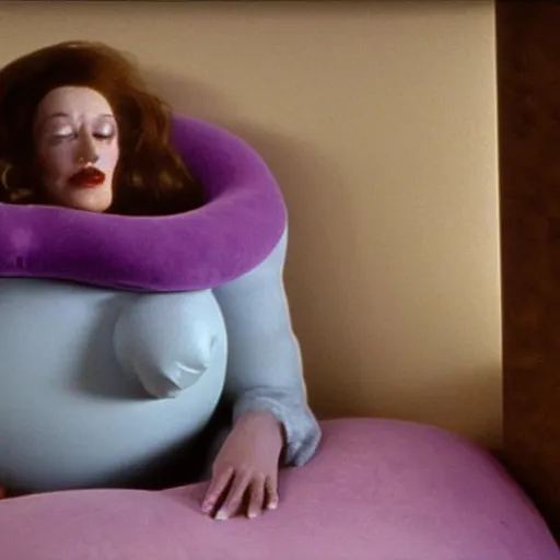 Prompt: still from a 1994 arthouse film about a depressed housewife dressed as a squishy inflatable toy who meets a handsome younger man in a seedy motel room, color film, 16mm soft light, weird art on the wall