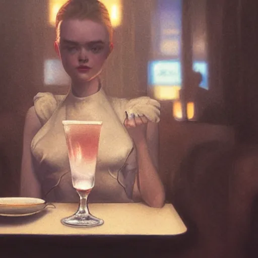 Image similar to silhouette of Elle Fanning holding a martini in a diner, stormy weather, extremely detailed masterpiece, oil on canvas, low-key neon lighting, artstation, Blade Runner 2049, Roger Deakin’s cinematography, by J. C. Leyendecker and Peter Paul Rubens,