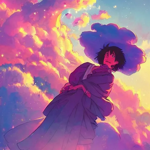 Prompt: howl's moving castle in the style of greg rutkowski, wlop, lisa frank and bob ross, beautiful composition, bright colors, anime