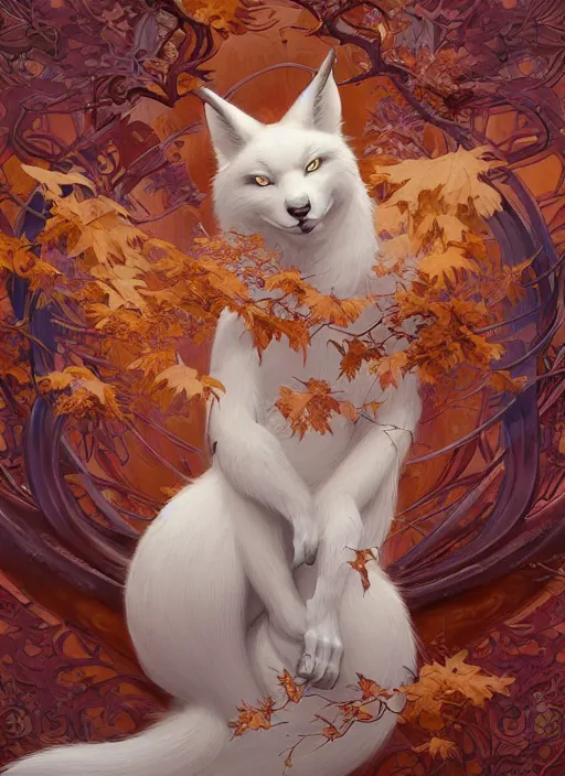 Prompt: white kitsune in autumn color kimono, wooden art nouveau swirls, subsurface scattering, by jesper ejsing, justin gerard, tomasz alen kopera, cgsociety and fenghua zhong, highly detailed, rim light, cinematic lighting, illustration, art, octane render, very coherent, cinematic, hyper realism, high detail, octane render, 8 k