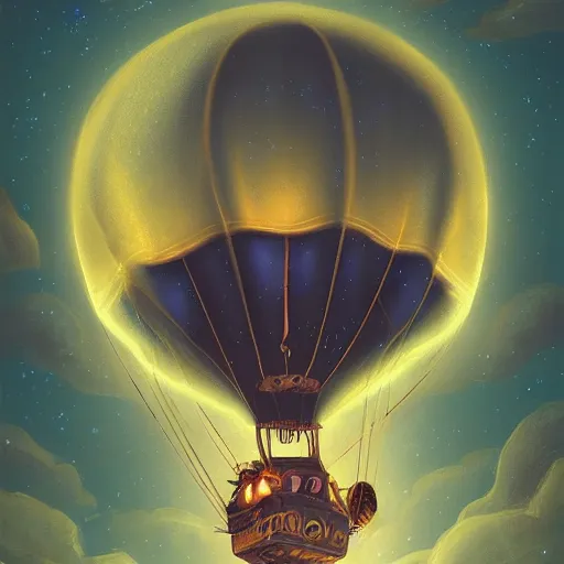 Image similar to a beautiful stunning fantasy whimsical matte digital illustration of a hot - air balloon race at night by marc simonetti and anato finnstark, disney steampunk, chiaroscuro magical bokeh moon stars, trending on artstation hq, masterpiece