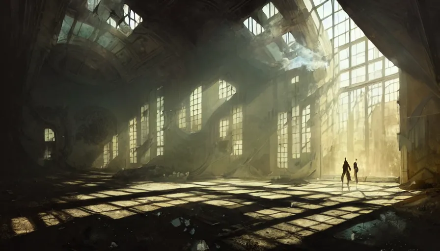 Prompt: high tech nomands exploring abandoned laboratory from early xx century, light, shadows, reflections, steam, epic composition, intricate, elegant, volumetric lighting, digital painting, highly detailed, artstation, sharp focus, illustration, concept art, ruan jia, steve mccurry