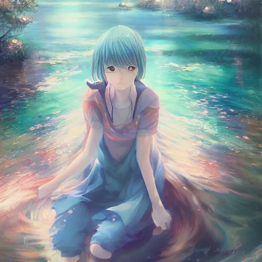 Image similar to advanced anime painting , a lake that leads into another dimension, oil painting, shikamimi, WLOP, RossDraws