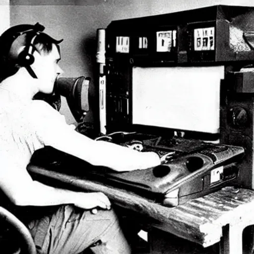 Prompt: ww 2 photograph of a pc gaming setup