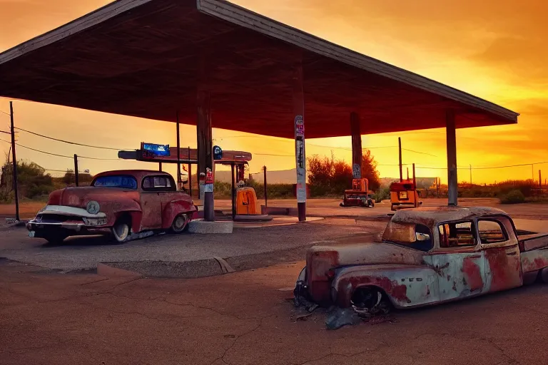 Image similar to a sunset light landscape with historical route 6 6, lots of sparkling details and sun ray ’ s, blinding backlight, smoke, volumetric lighting, colorful, octane, 3 5 mm, abandoned gas station, old rusty pickup - truck, beautiful epic colored reflections, very colorful heavenly, softlight