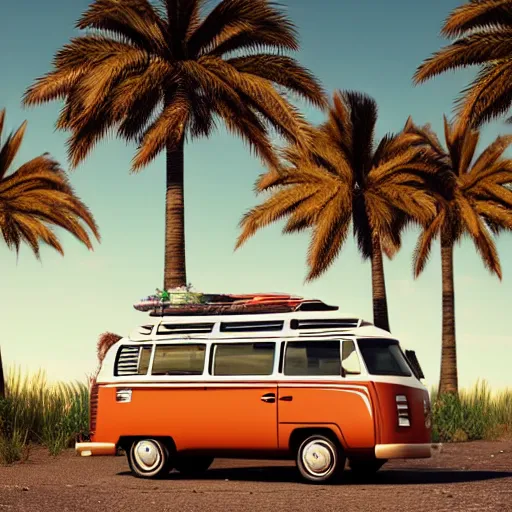 Prompt: a man wearing a hawaiian shirt standing by a volkswagen camper on a desert highway, digital painting, masterpiece, digital art, concept art, octane render, unreal engine 5, trending on deviantart, highly detailed, high quality, 4 k, realistic and detailed face, cinematic, high coherence, soft lighting, path traced, elegant, long black hair, cowboy hat,