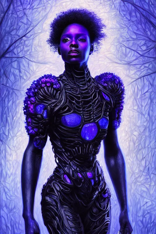 Image similar to hyperrealistic post - raphaelite super expressive! black woman with exoskeleton armor, merging with tree in a forest, highly detailed digital art masterpiece smooth cam de leon eric zener dramatic pearlescent blue purple light ground angle hd 8 k sharp focus