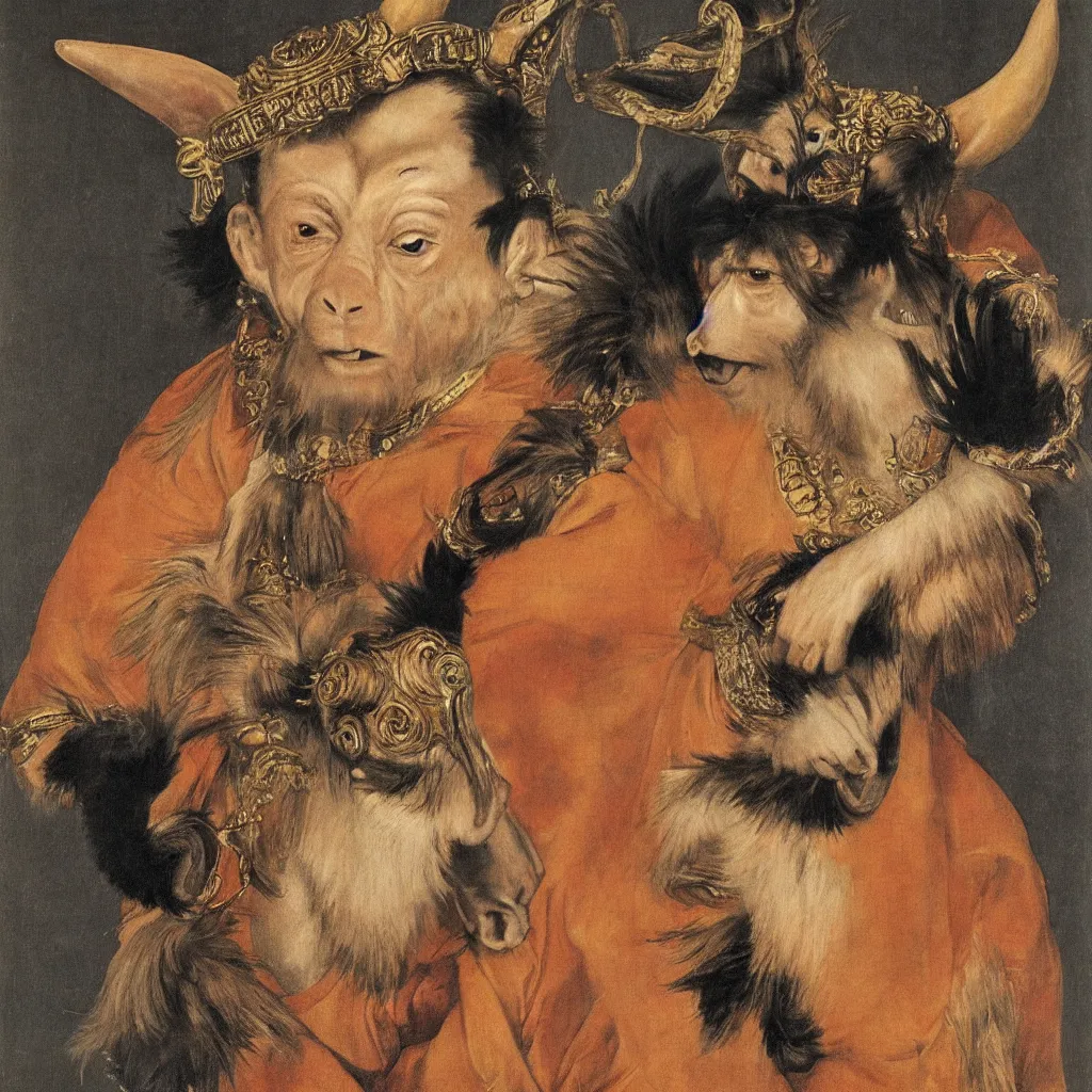 Image similar to portrait of a monkey king of, artwork by velazquez, wearing a donkey ears