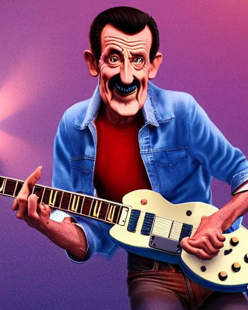 Image similar to barry chuckle ( shredding on a gibson les paul, art by glenn fabry and frank frazetta, 3 d rendering by beeple, 8 k )