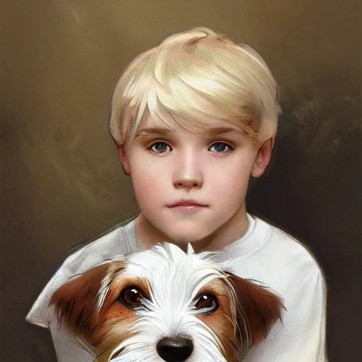 Prompt: a cute little boy with straight blonde hair with a very cute wire haired jack russell terrier puppy, white with brown patches over both eyes. detailed, high quality painting by artgerm and greg rutkowski and alphonse mucha