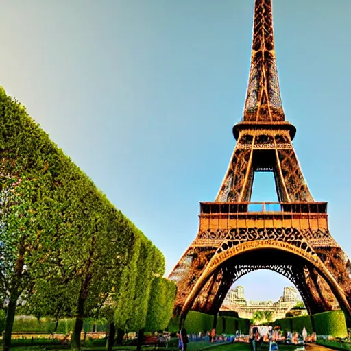 Image similar to eiffel tower constructed out of wood, beautiful, stunning, coherent, landscape photo, realistic