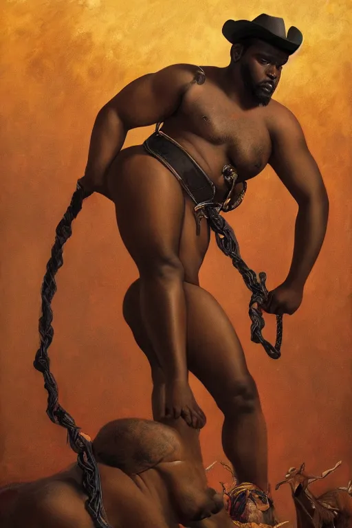 Prompt: a beautiful dramatic epic painting of a thicc black man | he is shirtless and wearing a leather harness and cowboy hat | prairie setting | homoerotic, highly detailed, dramatic lighting, art nouveau | by Mark Maggiori, by William Herbert Dunton, by Charles Marion Russell | trending on artstation