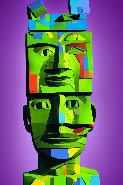 Image similar to cubist moai statue cutout digital illustration cartoon colorful beeple